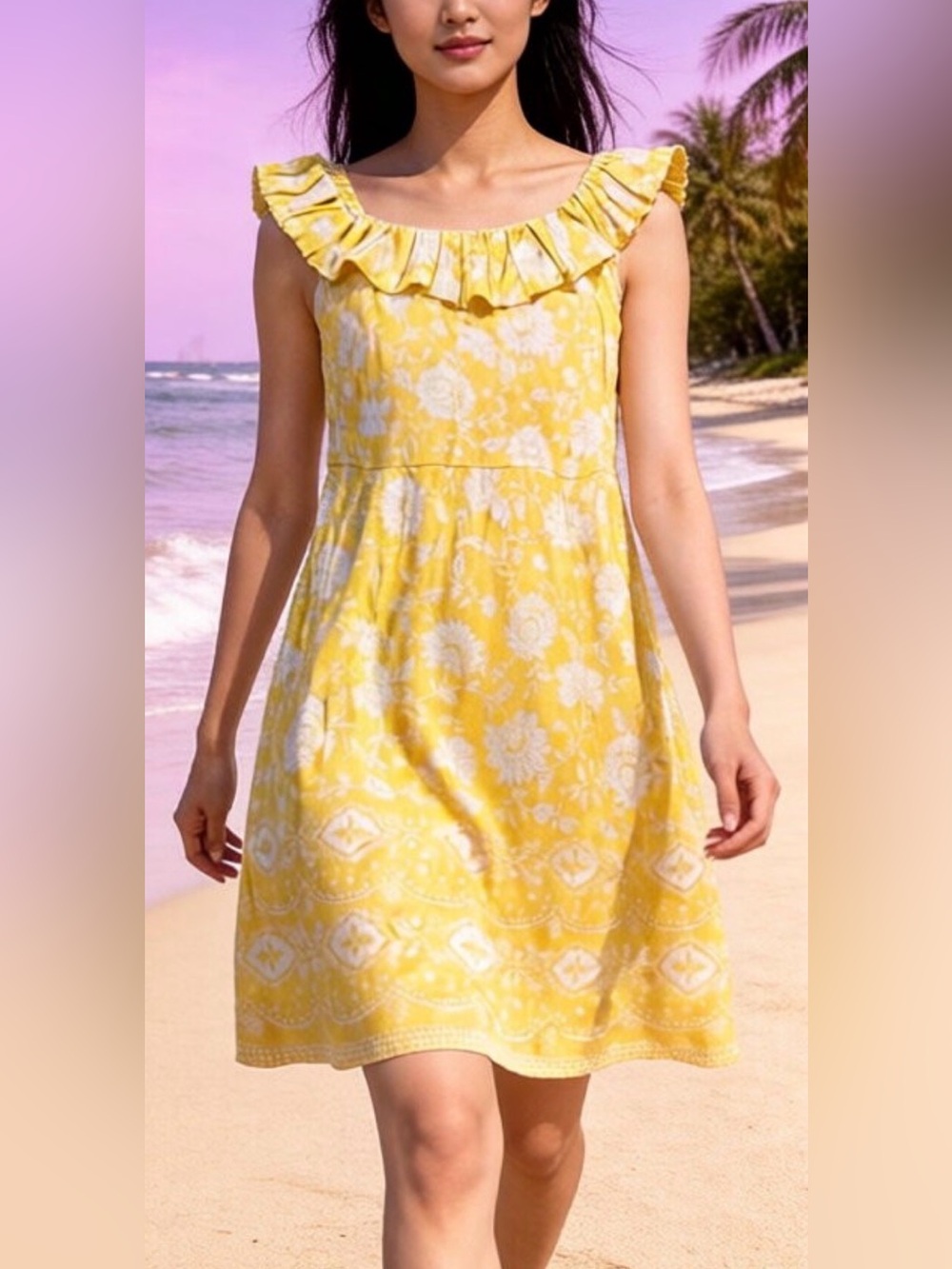 LOFT Yellow Floral Ruffle-Trim Mini Dress, New With Tags